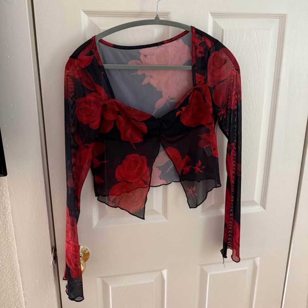Floral Red and Black Sheer Women's Top
